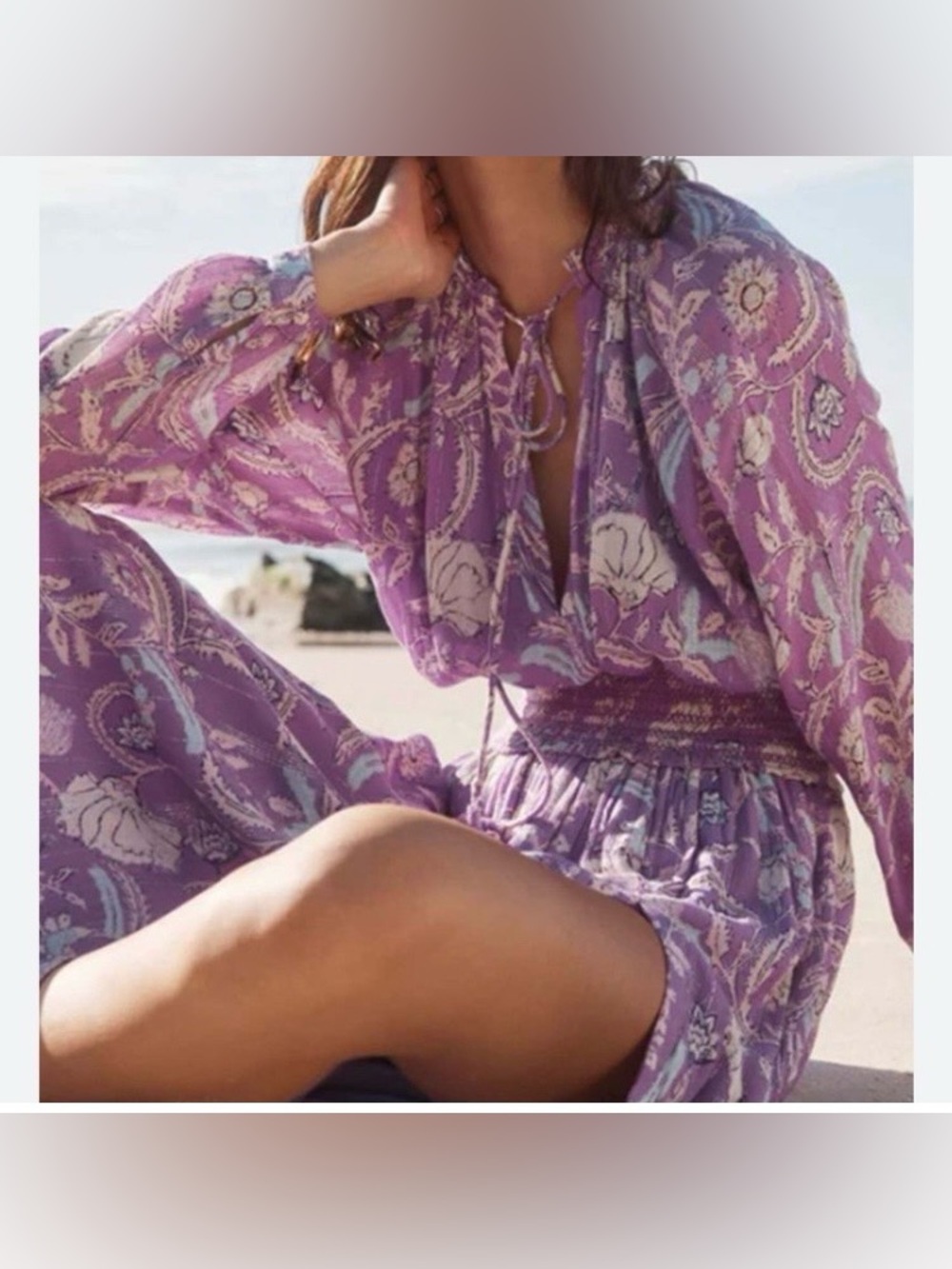 House of Harlow Lavender Boho Paisley Tie-Neck Mini Dress